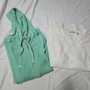 Isaac Mizrahi Love Bundle Of 2 XL Mint Green Zip Up Hoodie And Lace Blouse Top